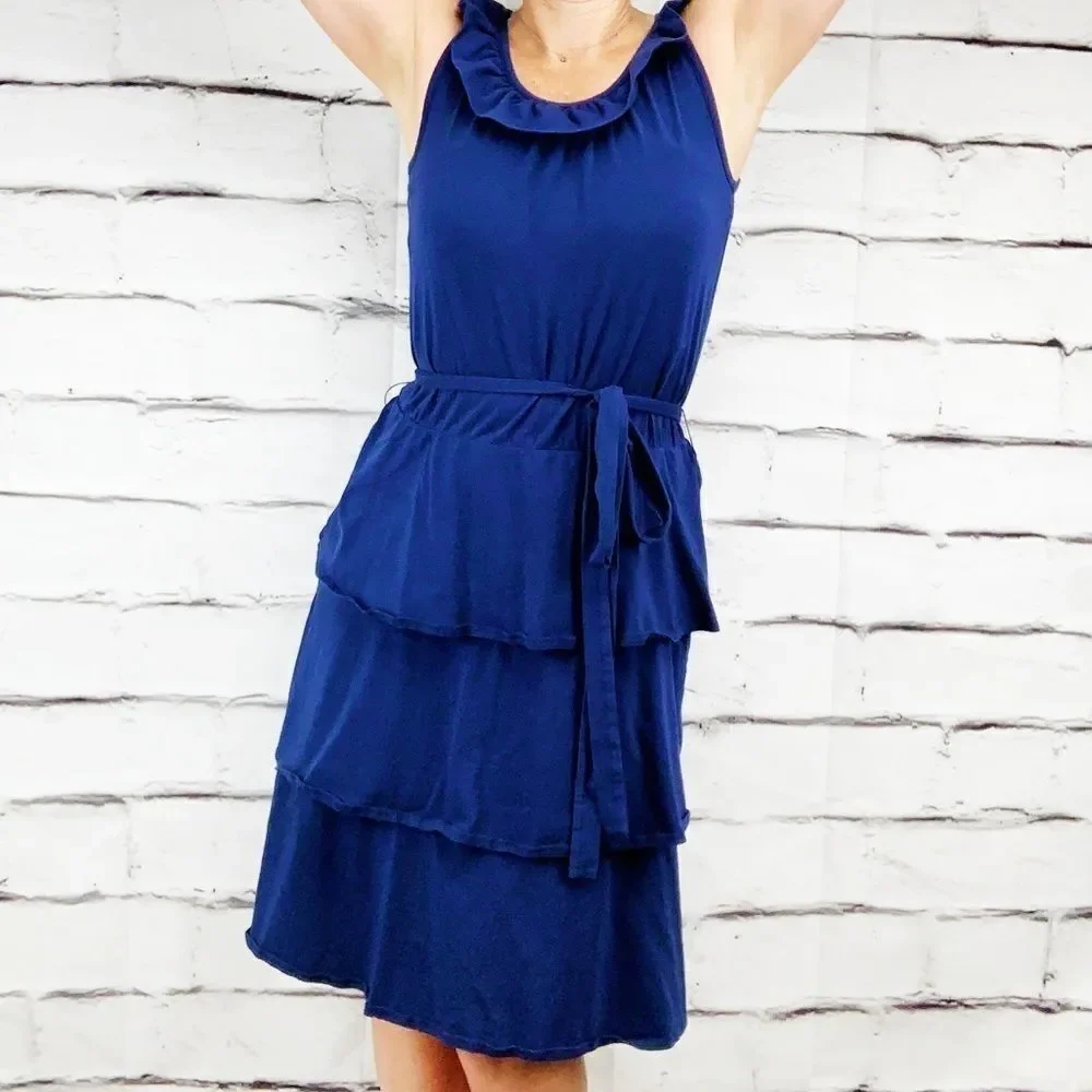 Hanna Andersson Navy Blue‎ Ruffle Tiered Dress Size XS Cotton Blend Sleeveless